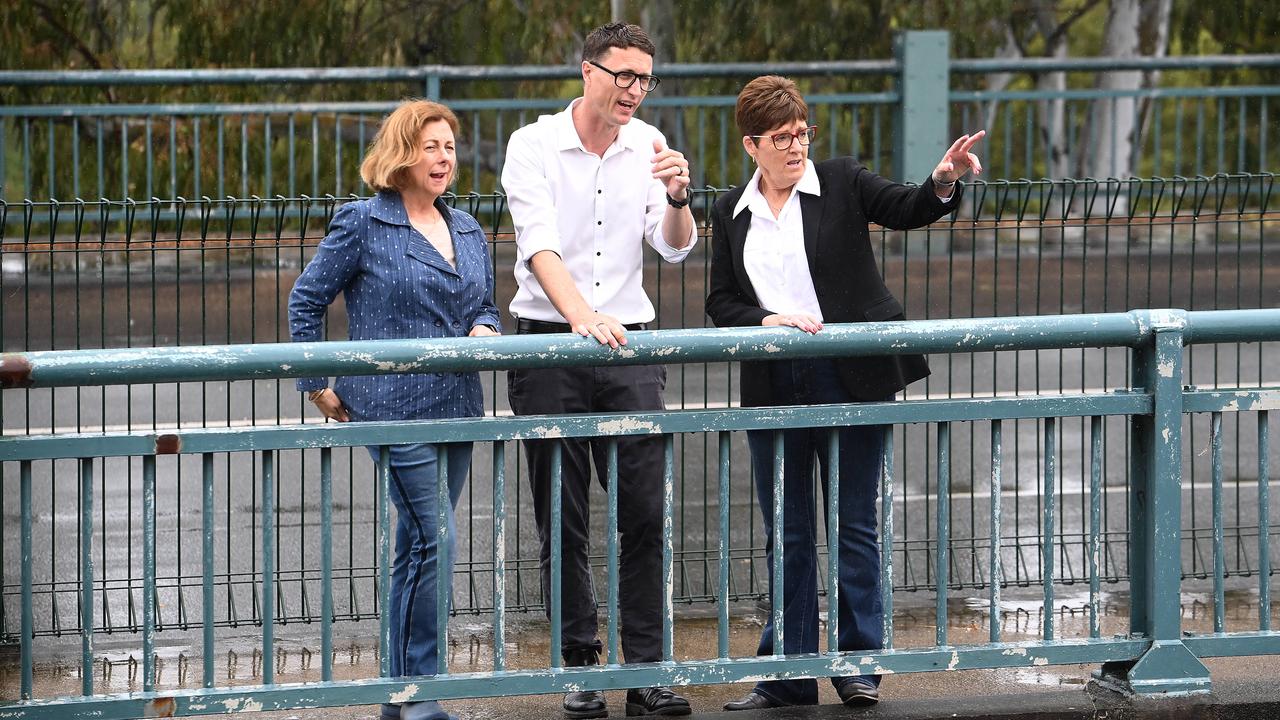 Ipswich MP Jennifer Howard, Minister for Transport and Main Roads Bart Mellish and Ipswich West candidate Wendy Bourne in Ipswich. Picture: John Gass