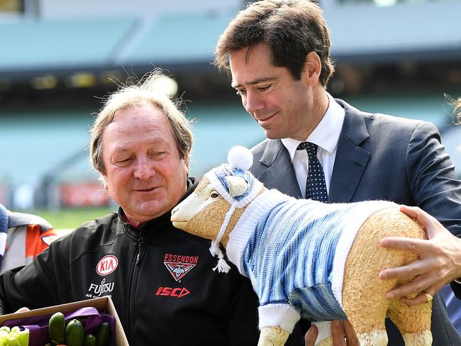 AFL CEO Gillon McLachlan launches the country game with Essendon legend Kevin Sheedy.