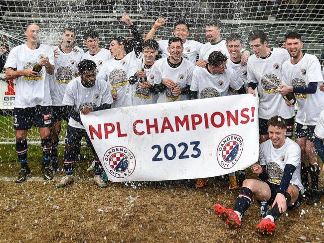 Dandenong City celebrates its NPL2 premiership. Picture: Dandenong City Facebook