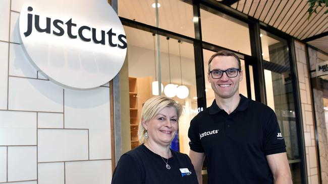 Owner Anthony Belcher and Senior stylist Leisa Tunny at Just Cuts store at Birtinya. Picture: Patrick Woods.