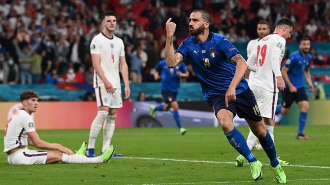 Italy's defender Leonardo Bonucci celebrates scoring the team's first goal during the UEFA EURO 2020 final football match between Italy and England at the Wembley Stadium.