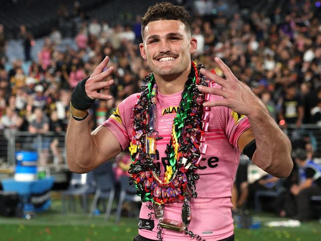 SYDNEY, AUSTRALIA - OCTOBER 06:  Nathan Cleary of the Panthers celebrate after winning the 2024 NRL Grand Final match between the Melbourne Storm and the Penrith Panthers at Accor Stadium on October 06, 2024, in Sydney, Australia. (Photo by Cameron Spencer/Getty Images)