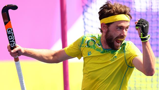 Flynn Ogilvie celebrates the Aussies’ seventh goal. Picture: Getty Images