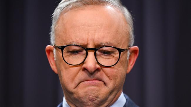 Anthony Albanese gets emotional as he reveals the wording for the voice referendum at Parliament House on Thursday. Picture: AAP