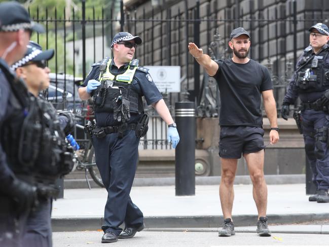MELBOURNE, AUSTRALIA - NewsWire Photos, MARCH 18, 2023. Protest groups face off in front of the Victorian Parliament where UK far right activist Kellie-Jay Keen (AKA, Posie Parker)  is due to speak. Neo Nazi Leader Thomas Sewell Picture: NCA NewsWire / David Crosling