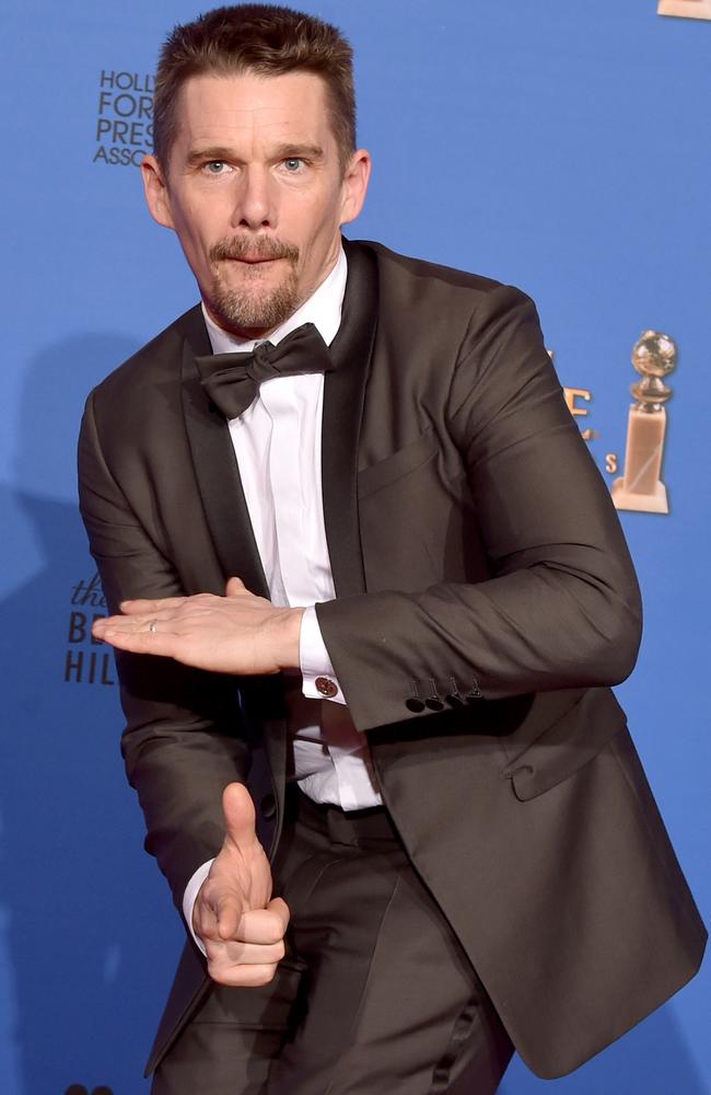 Ethan Hawke and his goatee celebrating after Boyhood won Best Motion Picture — Drama.