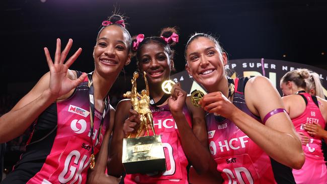 Matilda Garrett (R) with fellow Adelaide Thunderbirds defender Shamera Sterling-Humphrey (L) and Latanya Wilson after their 2024 premiership win. Picture: Getty