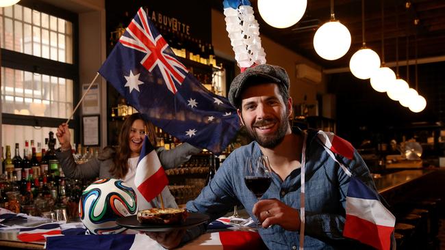 Dom and Hayley Lentz getting ready for the World Cup soccer match between Australia and France tonight. Picture: Calum Robertson