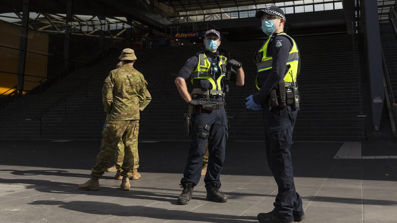 Police and military patrols at Southern Cross Station. Picture: Daniel Pockett