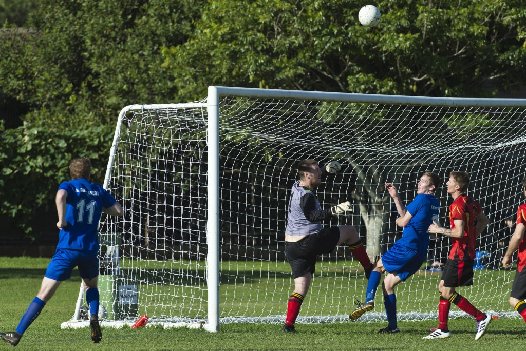 Gatton keeper Daniel Cronin and James Thompson of Rockville react to a strike in Toowoomba Football League Premier Men round six at Captain Cook ovals, Sunday, April 7, 2019. Picture: Kevin Farmer