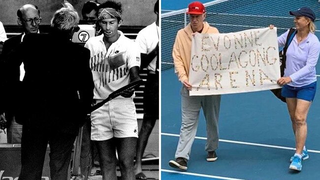 John McEnroe was disqualified from the 1990 Australian Open for verbal abuse, left, and Martina Navratilova and McEnroe protest on Margaret Court Arena. Picture: News Corp/Twitter