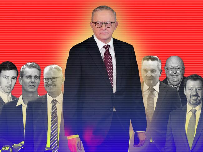 EMBARGOED FOR INQUIRER 17 MAY 2025. 16 May 2025; a photo comp of Anthony Albanese (front and centre), Graham Richardson, Ed Husic, Tony Burke, Chris Bowen, Paul Keating, Andrew Charlton on a red background tinged with blue. Artwork by Emilia Tortorella. Sources: supplied. Ratio 4:3 FOR PRINT.