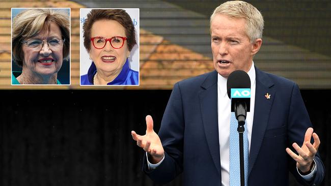 Tennis Australia chief Craig Tiley is under pressure from Margaret Court, inset far left, and Billie Jean King ahead of the 50th anniversary of Court’s grand slam.