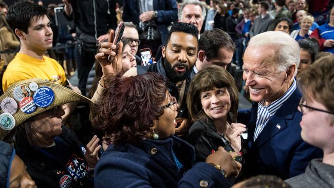 Biden talks with supporters at a campaign event at Wofford University on February 28, in Spartanburg, South Carolina.