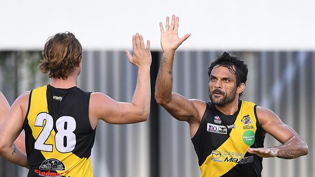 Shaun Wilson celebrates a goal for Nightcliff. Picture: Felicity Elliott/AFLNT.