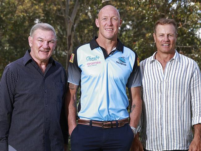 Saturday TELEGRAPH. OCTOBER 22, 2021.Gavin Miller, with new Sharks Coach, Craig Fitzgibbon, Andrew Ettinghausen and Allan Fitzgibbon, at Sharks at Kareela, today.Picture: Justin Lloyd.