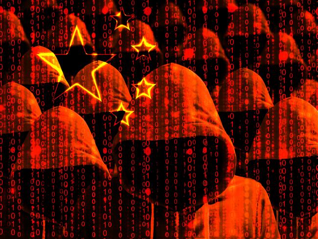 Group of hooded hackers shining through a digital chinese flag cybersecurity concept