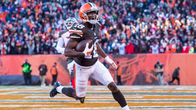 Wide receiver Taylor Gabriel runs in a touchdown reception.