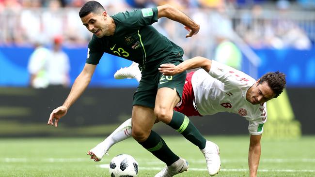 Tom Rogic evades Denmark’s Thomas Delaney during the World Cup earlier this year. Picture: Getty Images