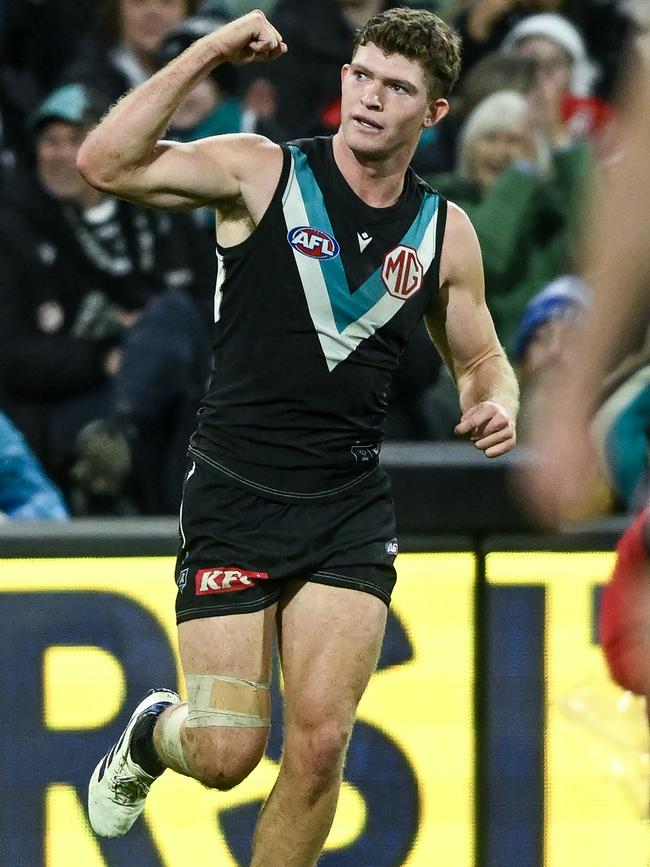 Mitch Georgiades after kicking a goal this year. Picture: Mark Brake/Getty Images