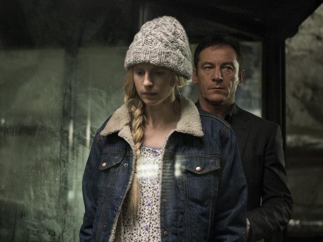 Brit Marling as Prairie Johnson and Jason Isaacs as Dr. Hunter Aloysius "Hap" Percy in The OA.