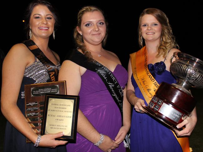 Emma Crozier (Miss Showgirl), Sarah Woodman (Rural Ambassador) and Childers Miss Showgirl entrant Hannah Hutchinson in 2011. Photo Contributed