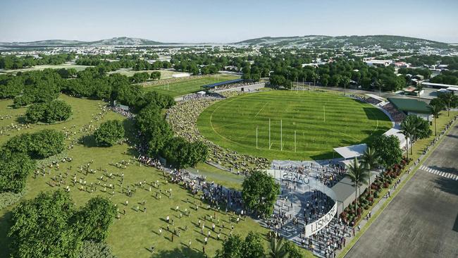 OVAL UPGRADE: Artist impression of the completion of the $12m state-of-the-art facility including linking Oakes Oval and Crozier Field to cater for the future needs of officials, players, spectators and media. Image: Cox Architecture