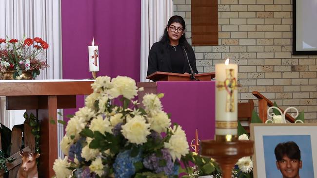 Calvin Wijeweera’s sister Ovindi delivered the first eulogy. Picture: Justin Lloyd