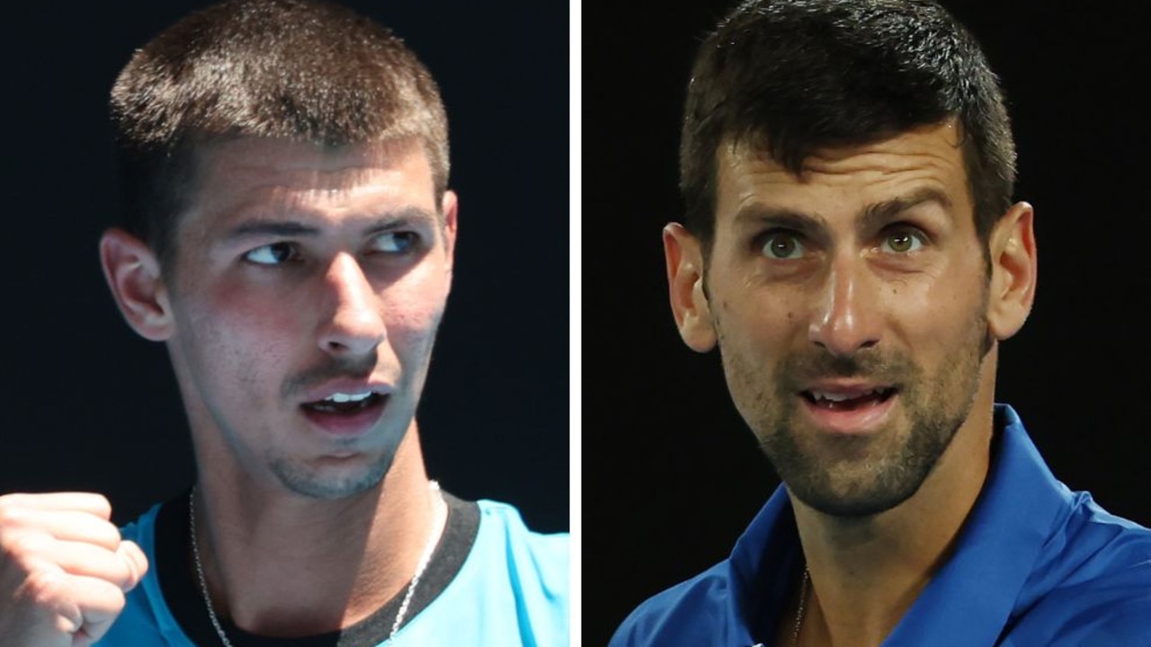 Australian Alexei Popyrin and Novak Djokovic. Pictures: David Caird; Michael Klein