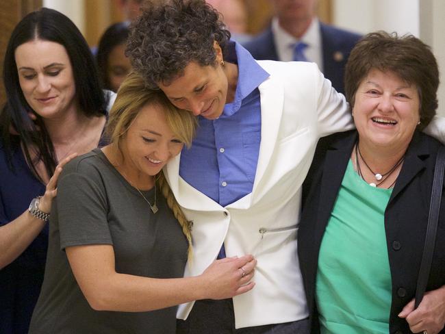 Bill Cosby accuser Andrea Constand (C) reacts after the guilty on all counts verdict.  Picture:  Getty