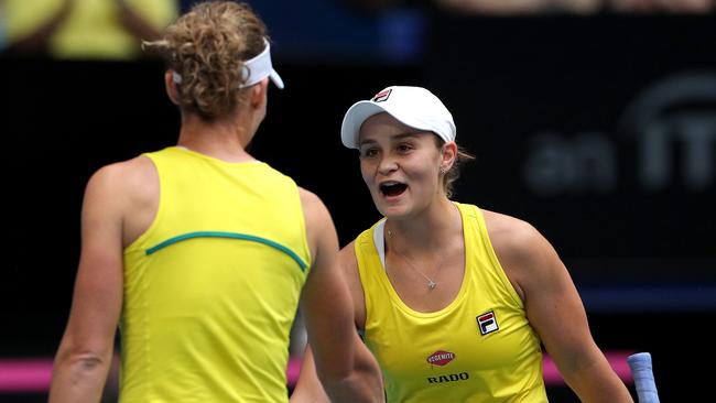 Ash Barty and Sam Stosur playing in the doubles for Australia.