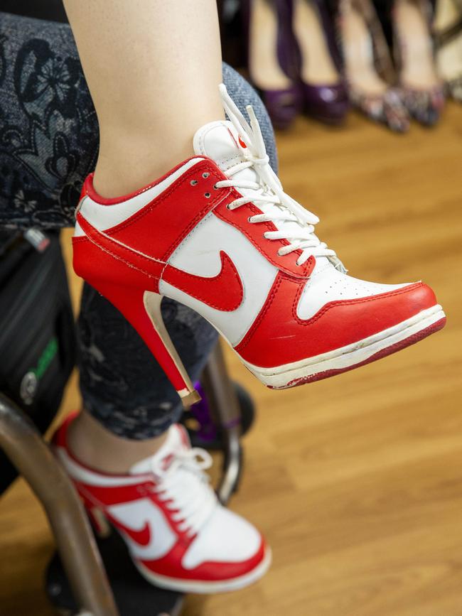 Kathryn Lyons in her stiletto trainers which she wore for the Queens Baton Relay. PHOTO: Richard Walker