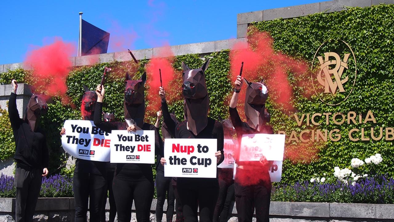 The protesters departed Victoria Racing Club without issue on Monday after police were called. Picture: PETA