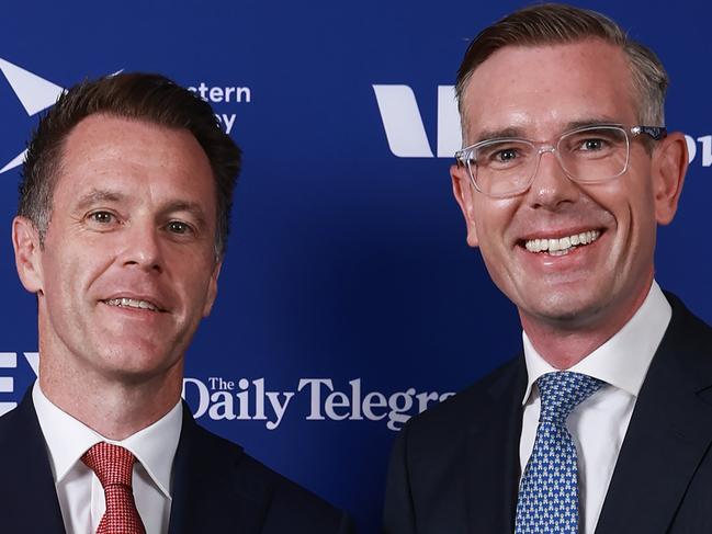 Daily Telegraph. 02, March, 2023.Labor leader Chris Minns and NSW Premier, Dominic Perrottet, at The Daily Telegraph's Future Western Sydney 2023 lunch, at Rosehill Gardens, today.Picture: Justin Lloyd.