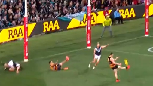 THE MOMENT: Crow Josh Jenkins kicks his controversial goal that won Showdown 45. Picture: Twitter.