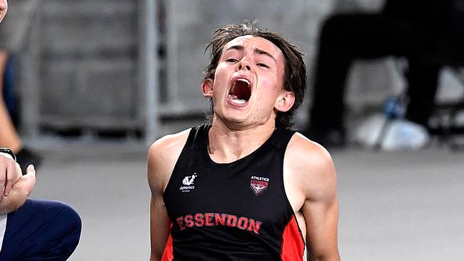 Jack Hale screams in pain after injuring his hamstring in the final of the Men's 100m event during the Australian Athletics Championships &amp; Nomination Trials.