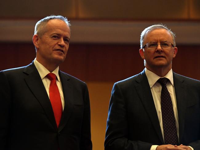 Shadow Minister for Government Services Bill Shorten and Leader of the Opposition Anthony Albanese at the Australian Labor Party (ALP) National Conference at the Revesby Workers Club in Sydney, Tuesday, March 30, 2021. (AAP Image/Mick Tsikas) NO ARCHIVING
