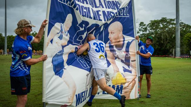 Banks Bulldogs FC's Liam Ogilvie-Mitchell running out for his 200th NTFL match. Picture: Patch Clapp / AFLNT Media