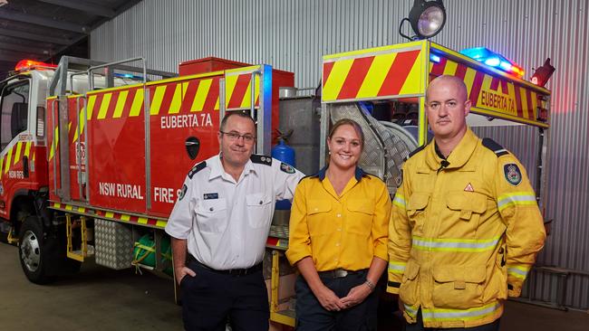 Riverina RFS members Bradley Stewart, Nicolle Stanton and Peter Bye at the Wagga control centre. Picture: Michael Frogley