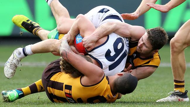 It was tough to get an easy kick at the MCG. Picture: Michael Klein