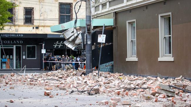 Debris is seen in Chapel Street, Windsor after an earthquake that has destroyed burger shop, Betty’s Burgers. Picture: Mark Stewart