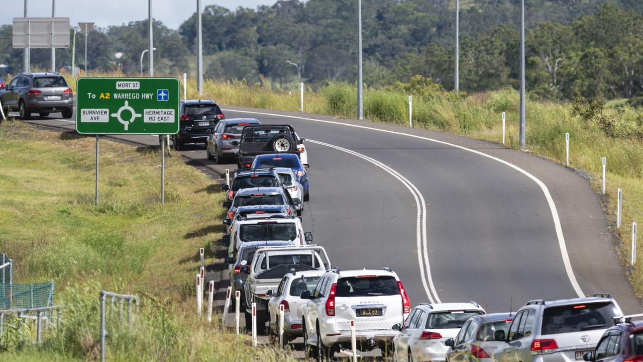 The line to wait for testing at the Baillie Henderson Hospital drive-in Covid testing site run by Darling Downs Health, Monday, December 27, 2021. Picture: Kevin Farmer