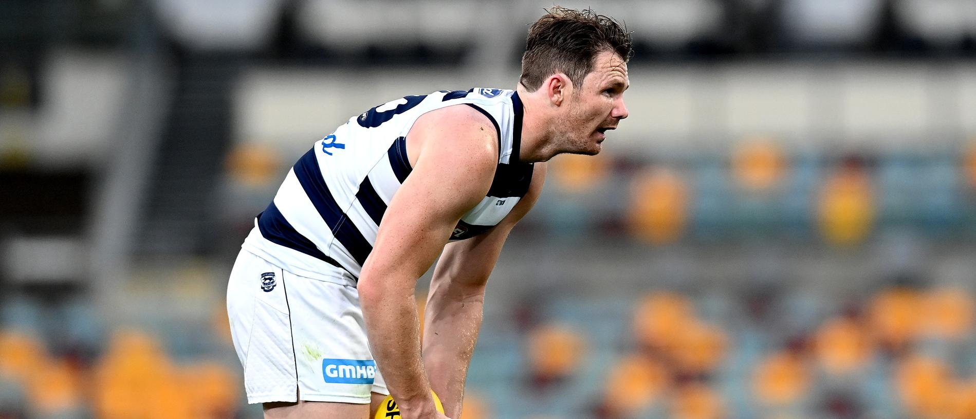 BRISBANE, AUSTRALIA - SEPTEMBER 06: Patrick Dangerfield of the Cats lines up a kick during the round 16 AFL match between the Geelong Cats and the Essendon Bombers at The Gabba on September 06, 2020 in Brisbane, Australia. (Photo by Bradley Kanaris/Getty Images)