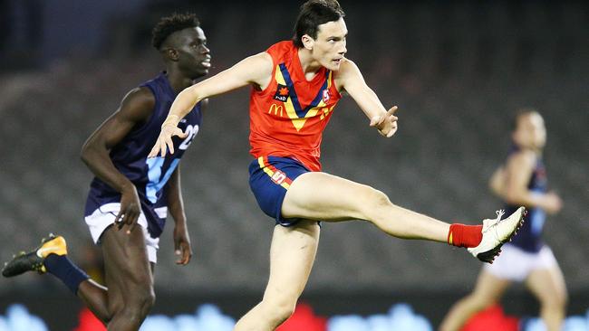 Oscar Chapman of SA kicks clear during the U18 AFL Championship against Vic Metro at Etihad Stadium. Picture: Michael Dodge/Getty Images