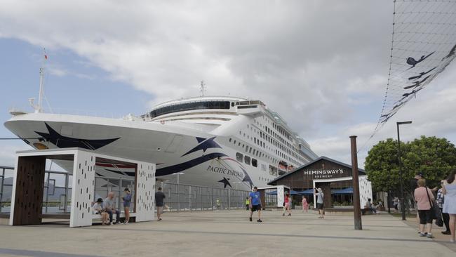 P &amp; O Cruises’ vessel Pacific Explorer docked in at the Cairns Cruise Liner Terminal on Saturday, June 18. The first international cruise ship to dock in at the city since the pandemic. Picture: Ports North