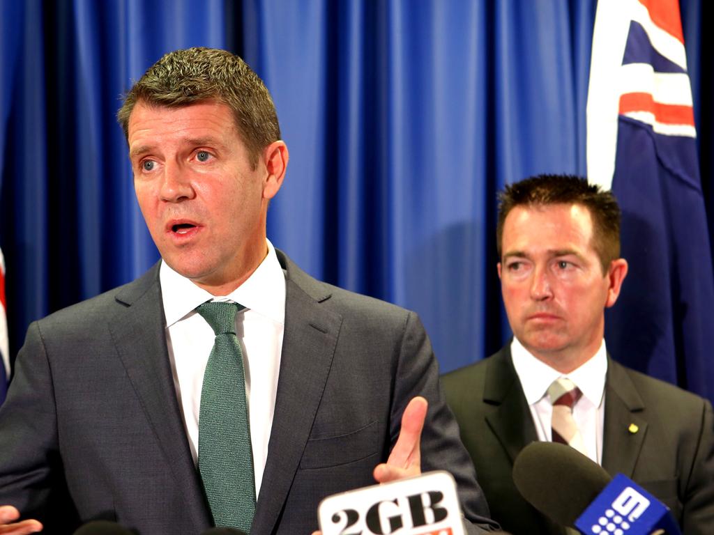 Then-NSW Premier Mike Baird and Minister for Local Government Paul Toole released IPART's Review of Local Council Fit For The Future proposals and amalgamated the three former councils along with many others. Picture: Stephen Cooper