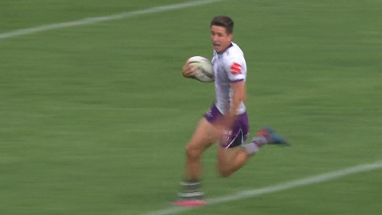 Cooper Johns scores in the Storm v Warriors NRL trial.