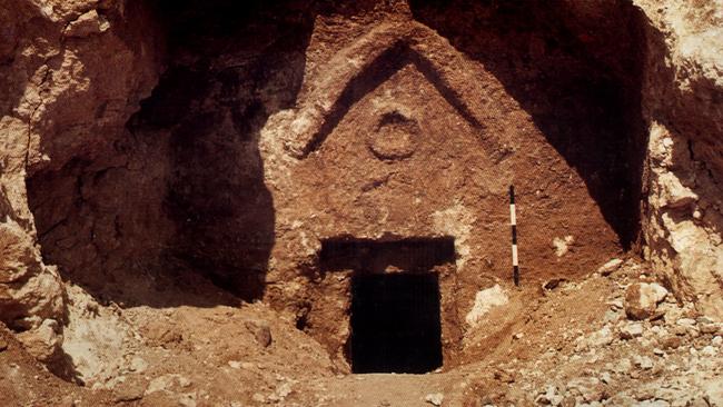 Entrance to burial cave tomb in southern Jerusalem, Israel where ossuary boxes are claimed to hold the remains of Jesus Christ, Mary Magdalane and their son Judah, by film "The Lost Tomb of Jesus".