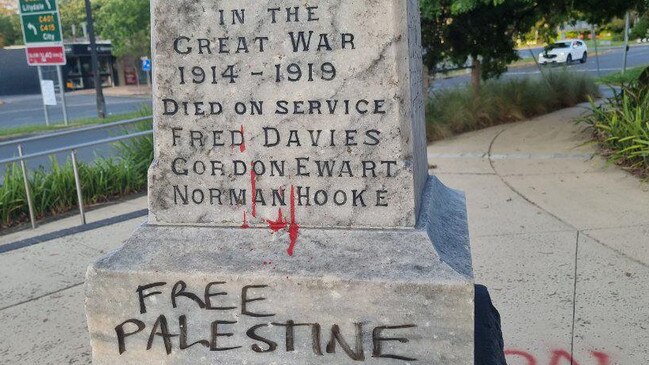 Part of the Palestine protest vandalism at a Melbourne war memorial for the World War I dead, discovered on Remembrance Day, Saturday. Picture: supplied