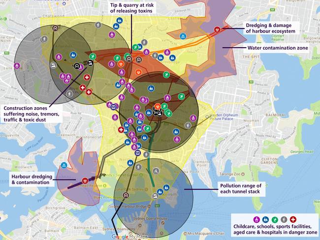 The Stop the Tunnels group has consulted with independent experts before putting together this map on how the planned Beaches Link tunnel construction and stacks will impact on the lower north shore.